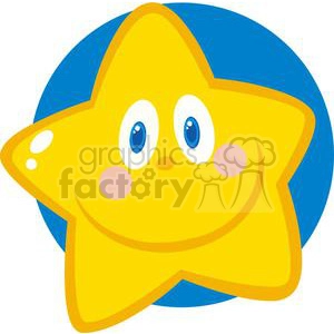 A cheerful yellow star with blue eyes and rosy cheeks, set against a blue circular background.