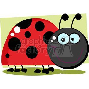 A cheerful cartoon illustration of a ladybug with a bright red body, black spots, and a big smiling face.