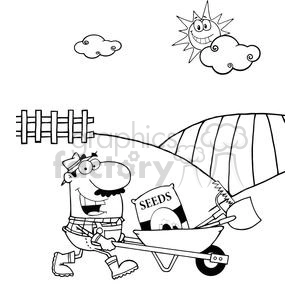 A clipart image of a happy farmer pushing a wheelbarrow filled with gardening tools and a bag of seeds. The background features a sunny sky with animated clouds, a fence, and a field.