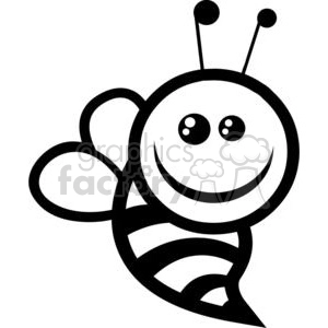 A black and white clipart image of a smiling bee with round eyes, two antennas, and wings. The bee has a friendly and playful expression.