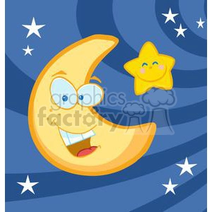 Cartoon clipart image featuring a smiling crescent moon with a face, and a cheerful star with eyes closed, set against a blue background with other stars.
