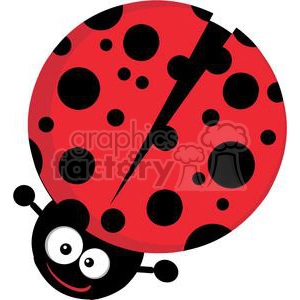 A cute and colorful clipart image of a smiling ladybug with large eyes and a vibrant red body with black spots.