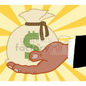 A clipart image of a hand holding a money bag with a green dollar sign on it, set against a background with radiant yellow lines.