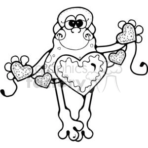 A whimsical cartoon-style frog with a large heart on its chest and four smaller hearts attached to its limbs. The design is black and white and can be used for coloring.