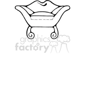 A black and white clipart image depicting a vintage armchair with ornate, curved legs and a decorative backrest.