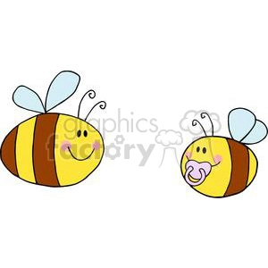 A cute clipart image featuring two smiling bees. One bee is adult-sized with pink cheeks, while the other is smaller and has a pacifier.