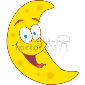 A cheerful yellow crescent moon cartoon character with big blue eyes, smiling and looking happy.