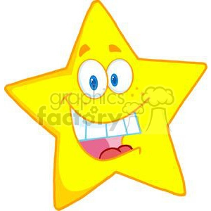 Smiling yellow star cartoon character with blue eyes and a big toothy grin.