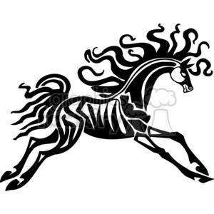 A stylized black and white clipart image of a leaping horse with flowing mane and tail, featuring intricate, abstract, and tribal-like patterns.