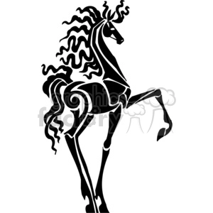 Abstract black and white clipart of a rearing horse with flowing curly lines representing the mane and tail.