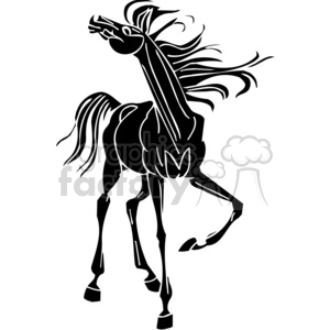 A dynamic black and white clipart image of a rearing horse with flowing mane and tail.