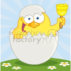 4754-Royalty-Free-RF-Copyright-Safe-Happy-Yellow-Chick-Peeking-Out-Of-An-Egg-And-Ringing-A-Bell