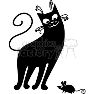 This clipart image features a stylized black cat with decorative whiskers and a curled tail, along with a small black mouse in a playful or cautious stance. The cat appears to be looking down at the mouse with a whimsical or mischievous expression. Both the cat and the mouse are depicted in a flat, silhouette style.
