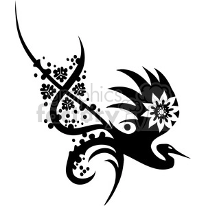 A black and white clipart image featuring a stylized bird with floral and abstract patterns.