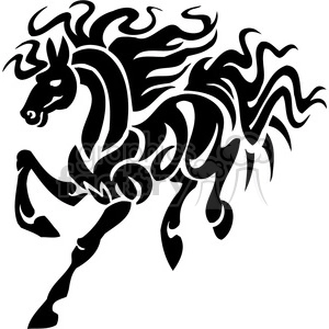 A black and white tribal tattoo-style clipart image of a horse in motion, with flowing mane and tail.