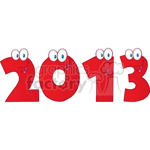 The clipart image shows cartoon characters shaped as numbers, specifically the numbers "2013" in red. These numbers are designed to look happy and whimsical, meant to represent the New Year celebration of 2013. The characters are colorful and playful, suitable for use in educational or school-related contexts to make learning about numbers more engaging and fun.
