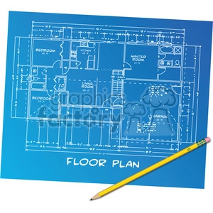A blueprint of a house floor plan, showing labeled rooms including bedrooms, kitchen, master room, living room, and garage. The blueprint is shown on a blue background with a yellow pencil at the bottom.