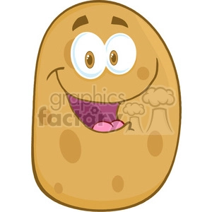 A cheerful cartoon potato character with big eyes and a wide smile.