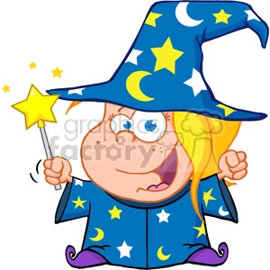 A cute cartoon wizard character in a blue robe and hat decorated with yellow stars and moons, holding a magic wand.
