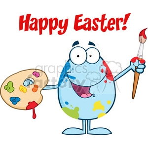 Clipart of Happy Easter With Easter Egg Painter With A Brush And Palette