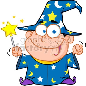 A cheerful cartoon wizard in a blue robe and hat with yellow and white stars and moons, holding a magic wand with a star on top.