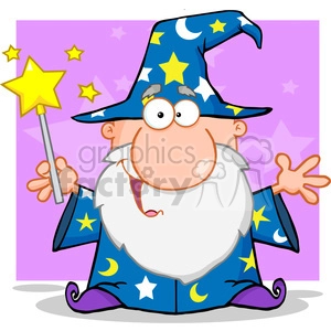 A cheerful cartoon wizard with a long white beard, wearing a blue robe and hat adorned with yellow stars and crescent moons, holding a yellow star-tipped wand, set against a purple background with lighter stars.