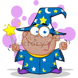 A cheerful cartoon wizard dressed in a blue robe with yellow stars and moons, holding a magical wand with a star at the tip. The background features purple bubbly circles.