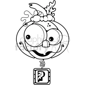 A whimsical clipart image of a cartoon pumpkin face with large eyes and a quirky expression. The pumpkin has decorative elements like a hat adorned with leaves and fruits, and is popping out of a jack in the box