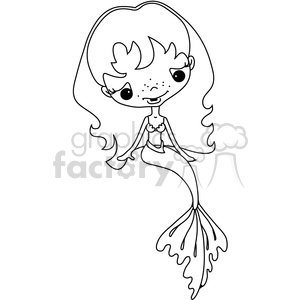A black-and-white clipart image of a cartoon mermaid with long wavy hair, a seashell bikini top, and a fish tail.