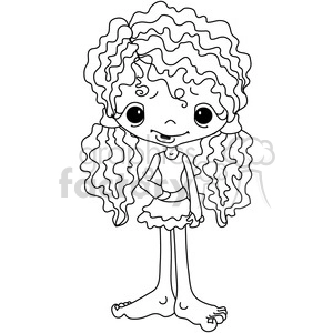 A black and white clipart image of a cartoon girl with long curly hair, big eyes, and a small smile. She is wearing a sleeveless top and a skirt, standing with one hand on her hip.