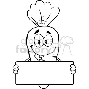 A black and white clipart image of a smiling cartoon carrot character holding a blank sign.