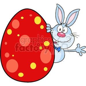 Royalty Free RF Clipart Illustration Cute Blue Rabbit Cartoon Character Waving Behinde Easter Egg