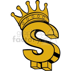 The clipart image depicts a golden king's crown placed on top of a large dollar sign. This represents the symbolic idea that the dollar is king, or that money holds immense power and authority in society. The gold color and cash surrounding the image further emphasize the theme of wealth and financial success.
