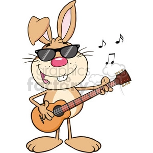 A cartoon bunny character wearing sunglasses and playing a guitar with musical notes around.