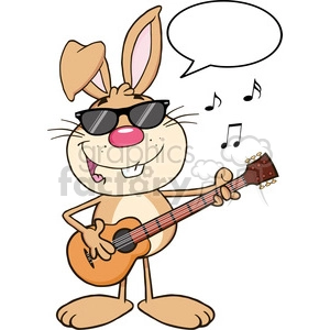 Cartoon bunny wearing sunglasses, playing a guitar and smiling, with musical notes and a speech bubble.