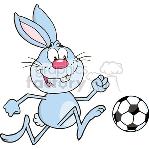 An illustrated blue rabbit playing soccer, depicted with a cheerful expression and kicking a soccer ball.