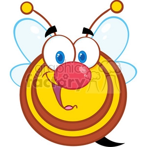 A cheerful cartoon bee with a big red nose, blue eyes, and a smiling face. The bee has two antennae with yellow tips and transparent wings.