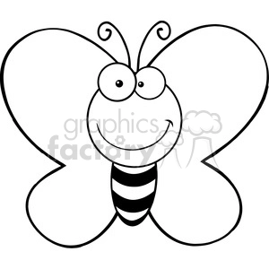A black and white clipart image of a smiling butterfly with large eyes and striped body.