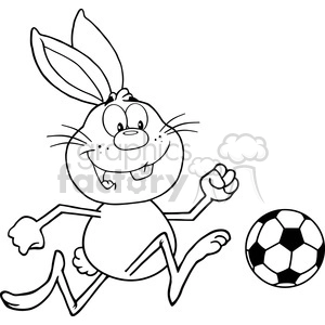 A black and white clipart image of a cartoon rabbit playing soccer. The rabbit is depicted with a joyful expression, running and kicking a soccer ball.