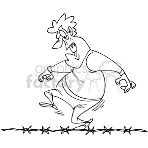 cartoon guy walking a tight rope on barbed wire in black and white