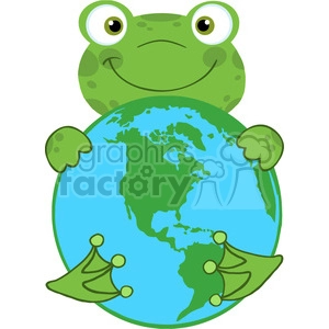 This clipart image contains a cartoonish green frog with a funny, friendly face embracing the Earth. The Earth is depicted in shades of blue with green continents, suggesting land and water.