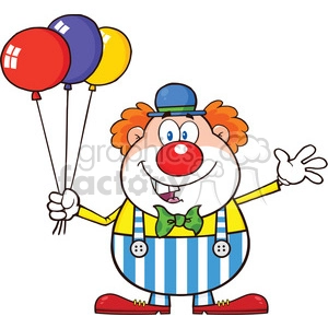A happy cartoon clown with red, blue, and yellow balloons, wearing a blue hat, red shoes, and a green bow tie, waving with one hand.