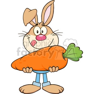 Cartoon bunny holding a large orange carrot with a happy expression.