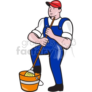 cleaner janitor holding mop bucket