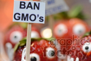 Clipart of strawberries with googly eyes holding signs, one of which reads 'Ban GMO's'.