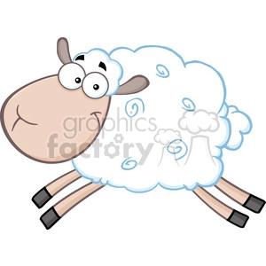 The clipart image shows a cartoon depiction of a sheep with exaggerated features to add humor. The sheep has a fluffy white body with blue swirl patterns, a large tan face with a comical expression, big googly eyes, and a pair of ears sticking out. It has four thin legs with black hooves that appear to be prancing or in motion.