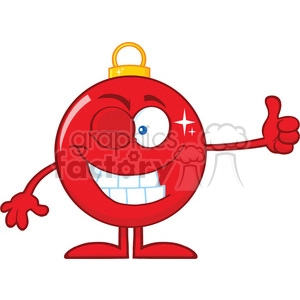Winking Red Christmas Ball Cartoon Character Giving A Thumb Up