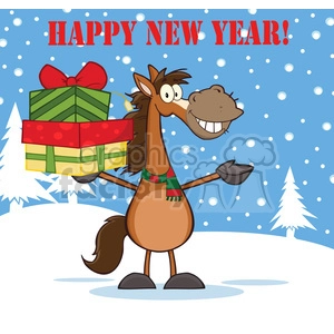 Happy New Year Horse with Presents Winter