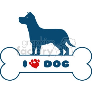Clipart image of a dog silhouette standing on a bone shape with the text 'I love dog,' where 'love' is represented by a red heart and paw print.