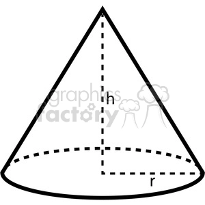 A clipart image illustrating the geometric shape of a cone with height (h) and radius (r) labeled.